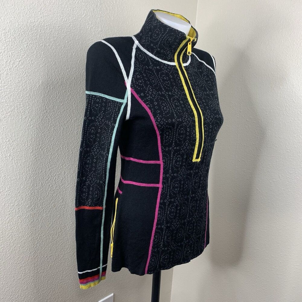 Icelandic Design Sweater Sz S Black Multicolor Fair Isle 1/2 Zip Knit Wool Blend